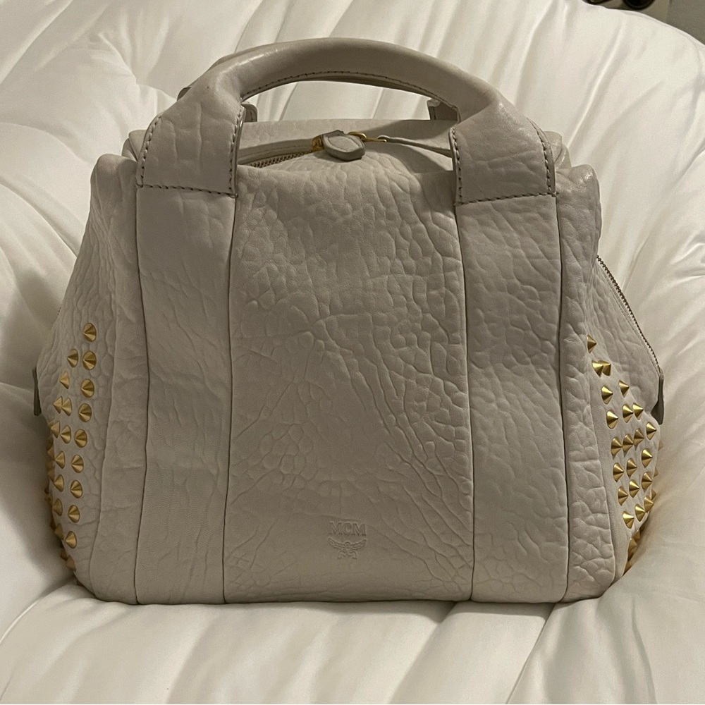 MCM Pebbled Cream Leather Satchel with Gold Stud Accents